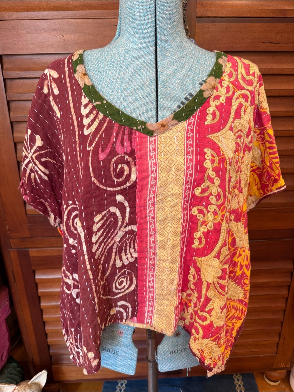 Patchwork Boho V-Neck Tunic in Burgundy & Pink